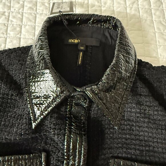 Maje Rinili contrast-trim mini shirtdress in black cotton-blend bouclé-tweed, XS - Picture 11 of 16